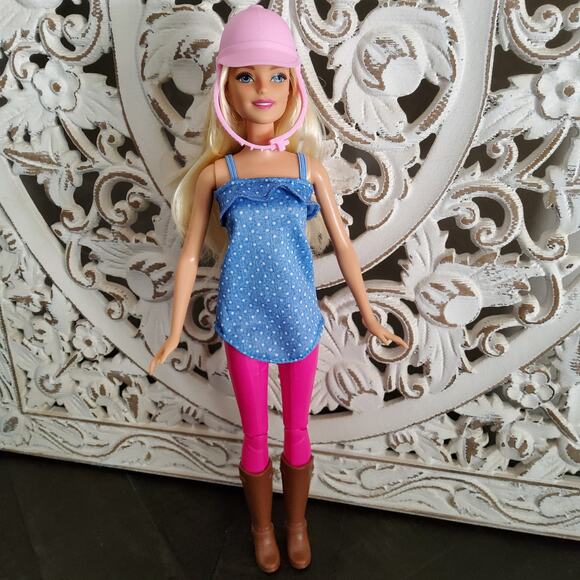 Mattel Barbie Doll Blonde Fashion Doll Riding Outfit with Brown Boots Pink Hat - Picture 3 of 11